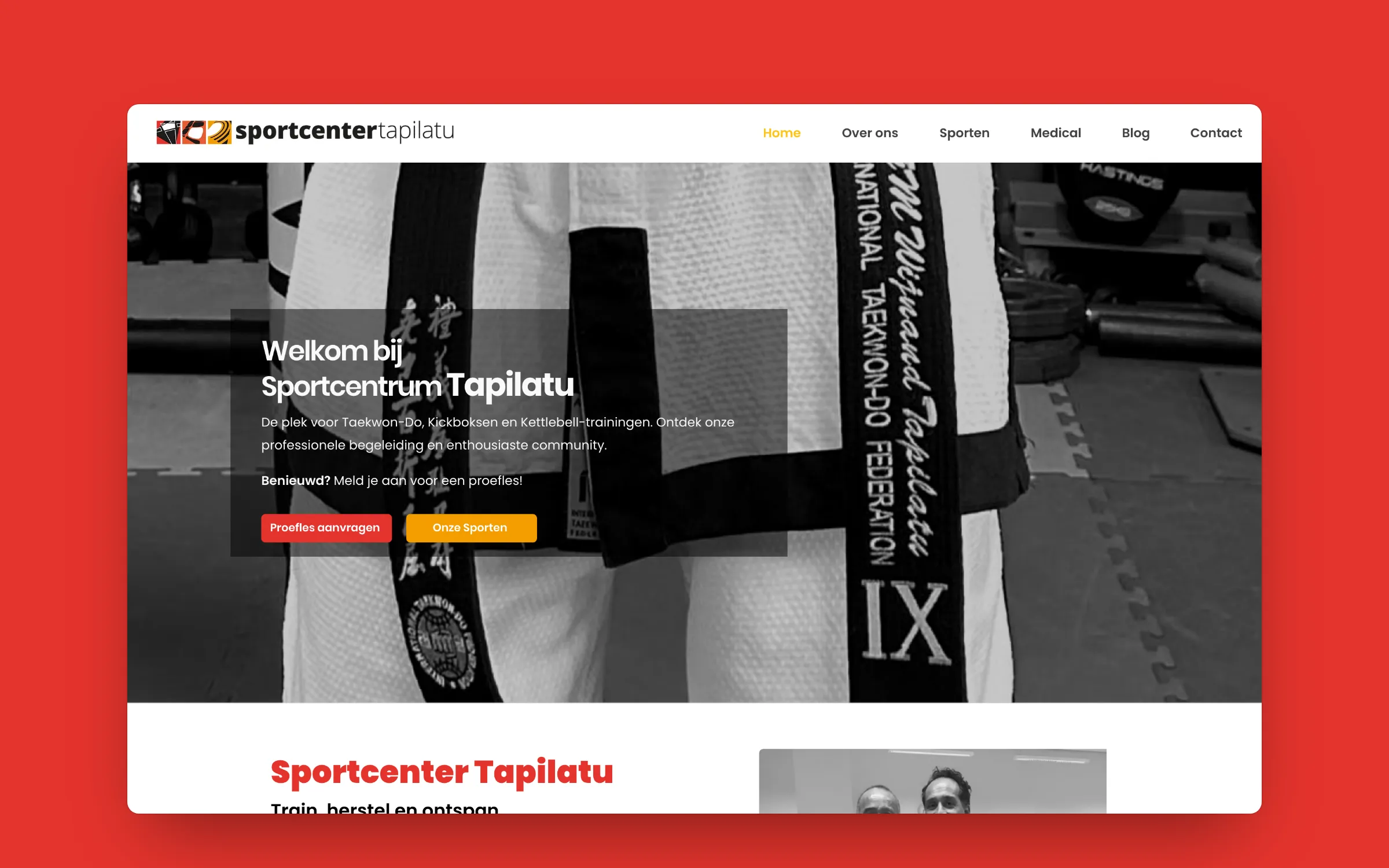 The Sportcenter Tapilatu homepage: “Welkom bij Sportcentrum Tapilatu” over a black-and-white photo of a Taekwon-Do black belt